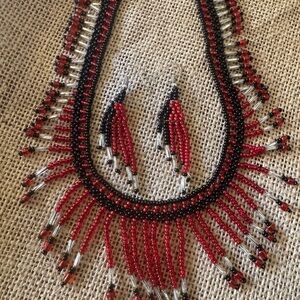 Elegant Red and Black Beaded Embera Necklace and Earring Set